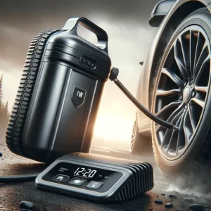 DALL·E 2024 02 10 06.05.21 Create an image of a modern and sleek handheld 120W air compressor in action showing it inflating a car tire. The scene should depict the convenience 1
