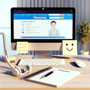 DALL·E 2024 02 11 06.14.58 A serene and inviting workspace with a computer displaying the AliExpress website surrounded by symbols of customer service excellence such as a hea 1