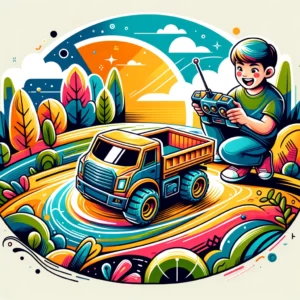 DALL·E 2024 02 12 05.53.26 An engaging and colorful illustration of a child playing happily with a remote control toy truck. The scene is set outdoors where the toy truck is be 1