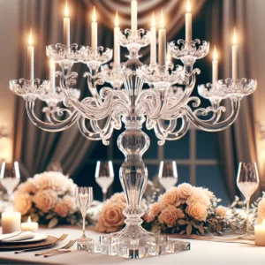 DALL·E 2024 02 12 07.03.08 An elegant and sophisticated illustration showcasing a 6 armed clear acrylic candelabra set as a centerpiece on a beautifully decorated table. The im 1