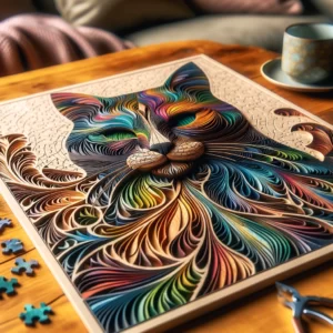 DALL·E 2024 02 12 07.59.53 An artistic representation of a complex color changing cat wooden puzzle laid out on a table showcasing its unique animal shape and the vibrant int 1