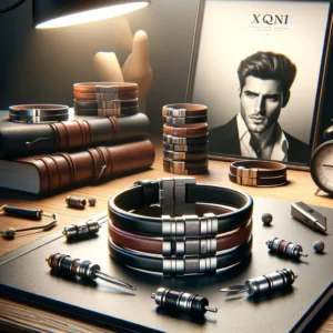 DALL·E 2024 02 12 08.23.08 An illustration that elegantly showcases a collection of XQNI stainless steel leather mens bracelets in various colors and sizes. The image should hi 1