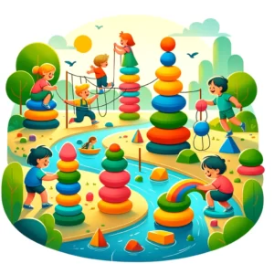 DALL·E 2024 02 13 05.03.11 An illustration that showcases children playing with colorful balance stacking stones made of soft material set in a playful and educational environm 1