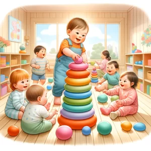 DALL·E 2024 02 13 05.11.57 An illustration depicting a joyful and safe play environment where babies and young children are engaging with colorful balance stacking stones. The s 1