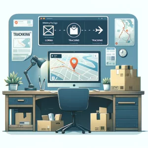 DALL·E 2024 02 13 05.46.44 An illustration depicting a calm and organized workspace with a computer displaying a tracking website. A visible tracking number and a map showing th 1