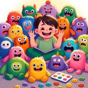 DALL·E 2024 02 13 06.32.46 An illustration depicting a child surrounded by colorful plush monster dolls each representing a different emotion. The child is smiling and interact 1