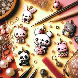 DALL·E 2024 02 13 07.52.17 An illustration depicting a variety of cute animal charms including rabbits bears and pandas each designed with a unique twist such as holding a st 1