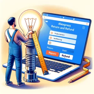 DALL·E 2024 02 13 19.43.04 An illustration depicting a person measuring a light bulb socket with a ruler next to an open laptop displaying the AliExpress return and refund page 1