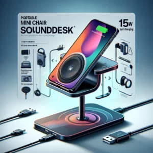 DALL·E 2024 02 14 05.28.25 An illustration showcasing a portable mini chair sounddesk with a creative mobile phone holder and a 15W fast charging wireless charger. The design sh 1