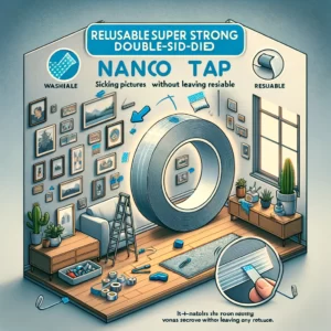 DALL·E 2024 02 14 05.51.01 An illustration showcasing the reusable super strong double sided nano tape in action sticking items securely on a wall without leaving any residue. 1