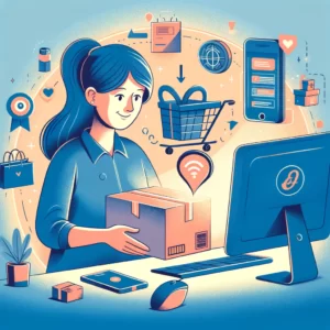 DALL·E 2024 02 14 12.52.33 Een illustratie die het proces van online winkelen symboliseert met nadruk op het gemak van retourneren en klantenservice. De afbeelding toont een vr 1