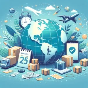 DALL·E 2024 02 14 18.39.26 Een illustratie die het online winkelproces weergeeft met focus op geduld en optimisme tijdens het wachten op internationale leveringen. De afbeeldin 1