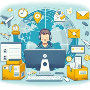 DALL·E 2024 02 14 18.46.56 Een illustratie die het klantenservice proces symboliseert met nadruk op communicatie tussen klant verkoper en koeriersdienst. De afbeelding toont e 1
