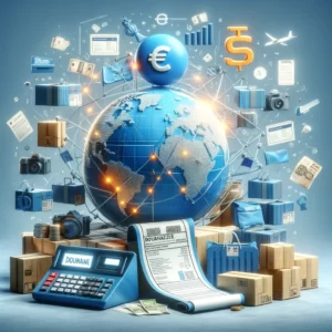 DALL·E 2024 02 14 18.51.11 Een illustratieve afbeelding die het concept van internationaal online winkelen symboliseert met focus op het begrip van douanekosten. De afbeelding 1