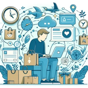 DALL·E 2024 02 15 05.06.41 Een vriendelijke en behulpzame illustratie die het proces van het volgen van een online bestelling visualiseert met een focus op geduld en communicat 1