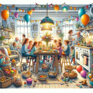 DALL·E 2024 02 15 07.06.06 Een gezellige en uitnodigende illustratie die een huisfeest weergeeft waarbij de nadruk ligt op de gezelligheid en het gebruik van kleurrijke accesso 1