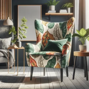 DALL·E 2024 02 16 06.21.47 A cozy and modern living room scene featuring a wingback chair adorned with a vibrant leaf printed stretch spandex cover. The chair should be the foc 1
