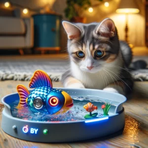 DALL·E 2024 02 16 06.37.47 An engaging scene depicting a cat or dog enthusiastically playing with a robotic fish toy in a water filled bowl. The fish toy should be designed with 1