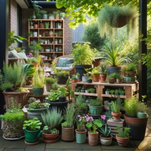 DALL·E 2024 02 16 08.16.22 Een sfeervolle tuinbalkon of kleine tuinomgeving met diverse planten groeiend uit duurzame plantzakken gemaakt van plantvezels en nonwovens. De plantz 1