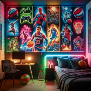DALL·E 2024 02 16 08.21.33 Een moderne en levendige speelkamer met muren gedecoreerd met neon kleurige posters van videogame karakters gamepads koptelefoons voetballen en bas 1