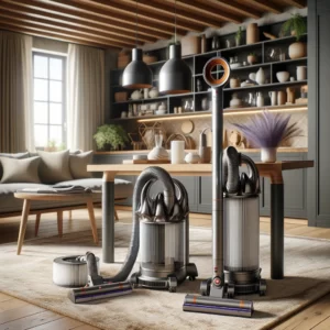 DALL·E 2024 02 16 08.27.53 Een moderne en schone huiskamer met een zichtbaar Dyson V11 Torque Drive draadloze stofzuiger op de voorgrond. Naast de stofzuiger liggen de wasbare f 1