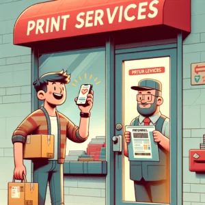 DALL·E 2024 02 16 18.33.19 Een persoon staat voor een printshop met een glimlach met in hun hand een smartphone die het retourlabel voor een pakketje toont. De printshop heeft 1