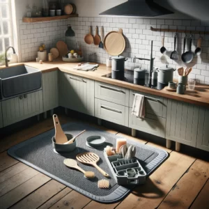 DALL·E 2024 02 16 18.54.40 Een moderne nette keuken met een heldere gootsteen waarin de Leeseph siliconen kraan mat ligt. De mat is zichtbaar uitgerust met een schuin ontwerp e 1