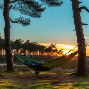 DALL·E 2024 02 16 21.18.58 Een schilderachtig boslandschap bij zonsondergang met een driehoekige hangmat die tussen drie bomen hangt. De hangmat is opgehangen boven de grond w 1
