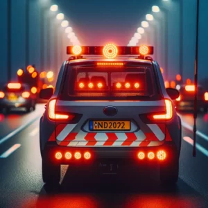 DALL·E 2024 02 16 22.14.16 Een gedetailleerde afbeelding van een aanhangwagen of vrachtwagen in de avond met de LED achterlichten duidelijk aan en zichtbaar. De achterlichten t 1