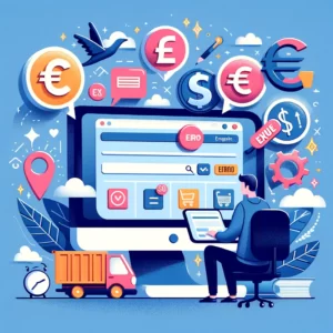 DALL·E 2024 02 17 05.51.26 Een illustratie van een consument die voor een computer zit en navigeert op de AliExpress website omgeven door symbolen die verschillende aspecten va 1