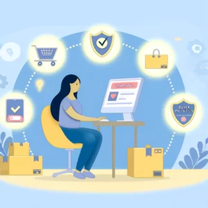 DALL·E 2024 02 17 17.11.41 An illustration showing a shopper using a computer to navigate an online shopping platform surrounded by icons representing customer service package 1