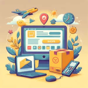 DALL·E 2024 02 17 18.13.16 Een illustratie die een vriendelijke en behulpzame sfeer uitstraalt met symbolen van online winkelen een pakket en ondersteuning. Het beeld toont e 1