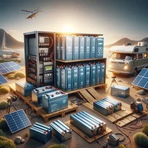 DALL·E 2024 02 17 22.24.26 Een reeks Lifepo4 batterijen van verschillende capaciteiten 100ah 200ah 300ah 400ah netjes gerangschikt elk met een duidelijk zichtbare ingebouw 1