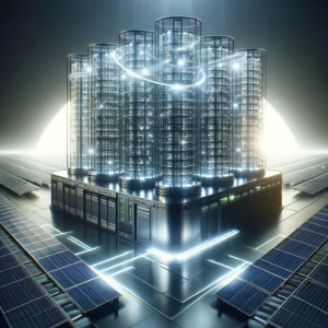 DALL·E 2024 02 19 07.10.07 A visually striking and conceptual image depicting a large futuristic battery storage system designed to efficiently store and manage excess energy f 1