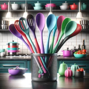 DALL·E 2024 02 19 08.30.18 A vibrant and colorful set of food grade silicone cooking spoons displayed against a modern kitchen background. The spoons come in various colors such 1