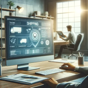DALL·E 2024 02 19 18.48.40 A serene and professional office setting where an individual is consulting a computer screen displaying a generic shipping and tracking interface. The 1