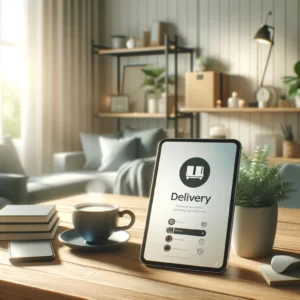 DALL·E 2024 02 19 19.17.57 A serene and organized home office space featuring a prominently displayed smartphone or tablet showing a delivery tracking app. The scene symbolizes 1