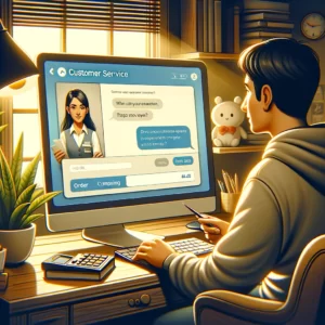DALL·E 2024 02 20 05.06.33 An illustration depicting a customer looking at a computer screen with an open customer service chat window. The chat window shows a conversation betw 1