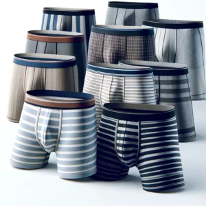 DALL·E 2024 02 20 06.59.24 An array of stylish and comfortable mens boxer shorts displayed on a clean background. The boxers feature a variety of striped patterns and are made 1