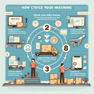 DALL·E 2024 02 21 05.10.36 An infographic detailing the steps a customer should take if their package ordered from an online shopping platform has not arrived. The graphic inclu 1
