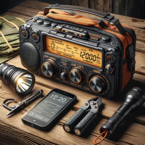 DALL·E 2024 02 25 07.29.45 Een robuuste en betrouwbare noodradio die zonne energie en handcrank oplaadmogelijkheden combineert met een krachtige 12000mAh power bank zaklamp en 1