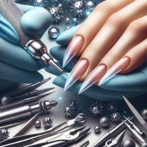 DALL·E 2024 02 25 07.42.33 Een professionele en nauwkeurige nagelverzorgingsomgeving met een focus op een wolfraam nagel bit voor elektrische manicure frezen. De afbeelding moet 1