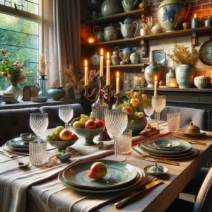 DALL·E 2024 02 25 07.58.26 Een elegante en gezellige keukensetting met verschillende soorten glazen die beschikbaar zijn via een spaaractie. De tafel is mooi gedekt met deze gla 4