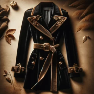 DALL·E 2024 02 25 17.08.34 Creez une image elegante dun trench coat en velours noir pour femme agremente de ceintures dorees et dun double boutonnage. Limage doit refleter l 1