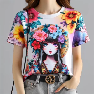 DALL·E 2024 02 27 06.24.13 A trendy womens T shirt with a vivid floral graphic Harajuku print featuring a casual O neck top with 3D print short sleeve tees. The shirt is showc 1
