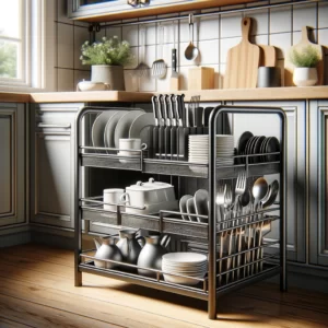 DALL·E 2024 02 27 08.22.21 A stylish and multifunctional kitchen storage rack with a large capacity and drainage tray made of carbon steel. The rack is designed to hold dishes 1