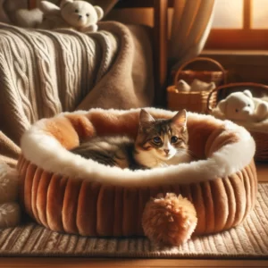 DALL·E 2024 02 28 05.50.49 A cozy plush pet bed in a warm inviting room with a cat or dog comfortably resting inside. The pet bed is made of soft fleece and plush showing va 1