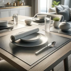 DALL·E 2024 02 28 06.26.13 A modern dining table set up with a transparent placemat on it. The placemat showcases a matte texture and is placed under elegant dinnerware highlig 1