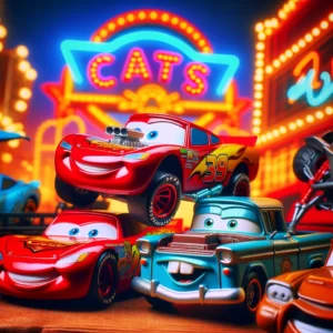 DALL·E 2024 02 28 07.52.41 A playful and vibrant scene featuring the iconic Disney Pixar Cars characters like Lightning McQueen Mater and Sheriff as toy cars. These alloy and 1