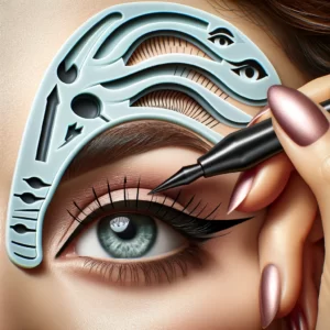 DALL·E 2024 02 28 08.00.31 An image showcasing a multifunctional silicone eyeliner stencil being used to apply perfect winged eyeliner. The stencil should appear flexible and ea 1